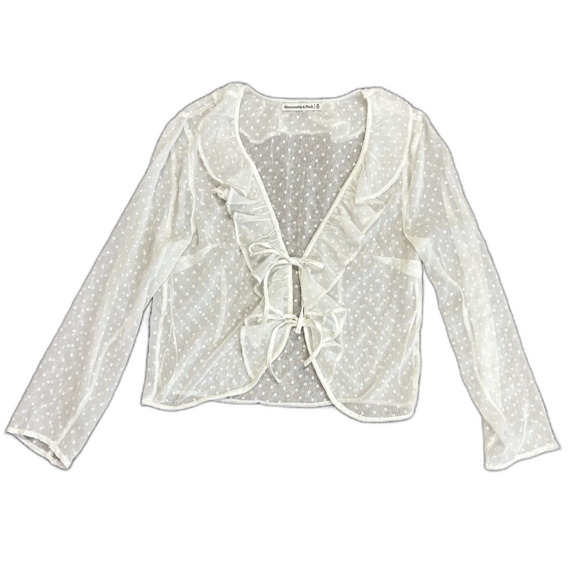 Abercrombie & Fitch White Sheer Swiss Dot Ruffled Tie Front LS Top Size M - Picture 9 of 11